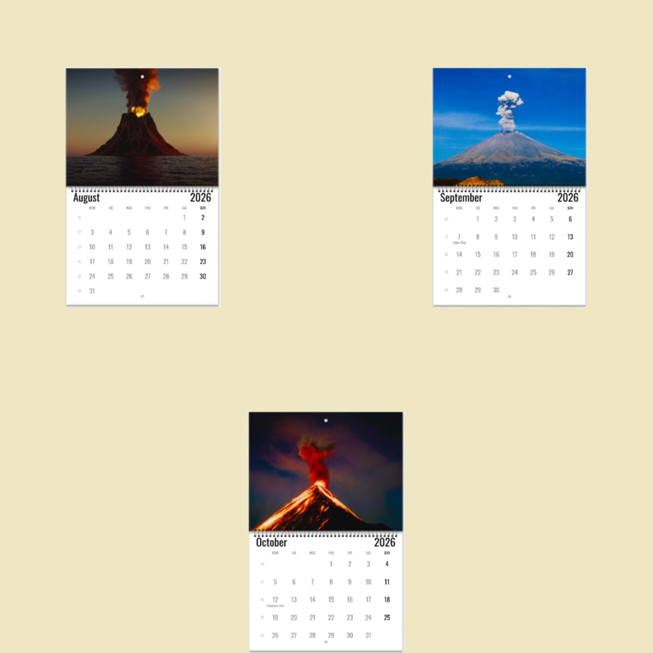 Three calendar pages showing images of a volcano erupting for August, September, and October on a beige background.