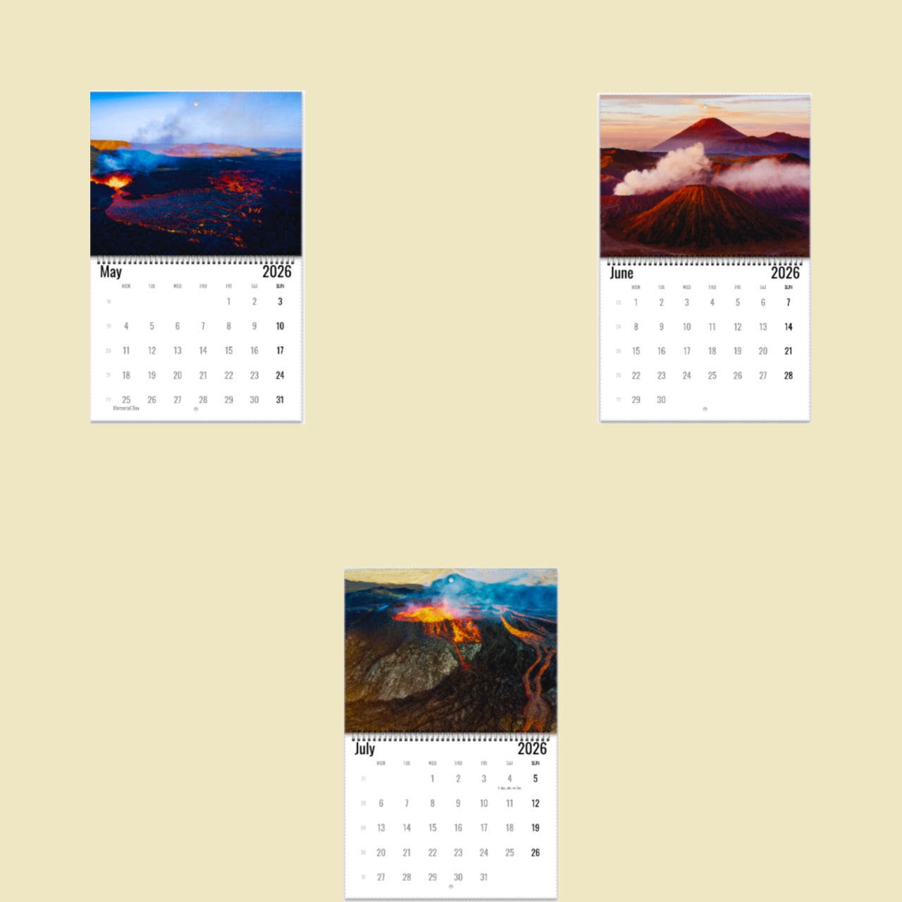 Three calendar pages showing volcanic landscapes on a beige background