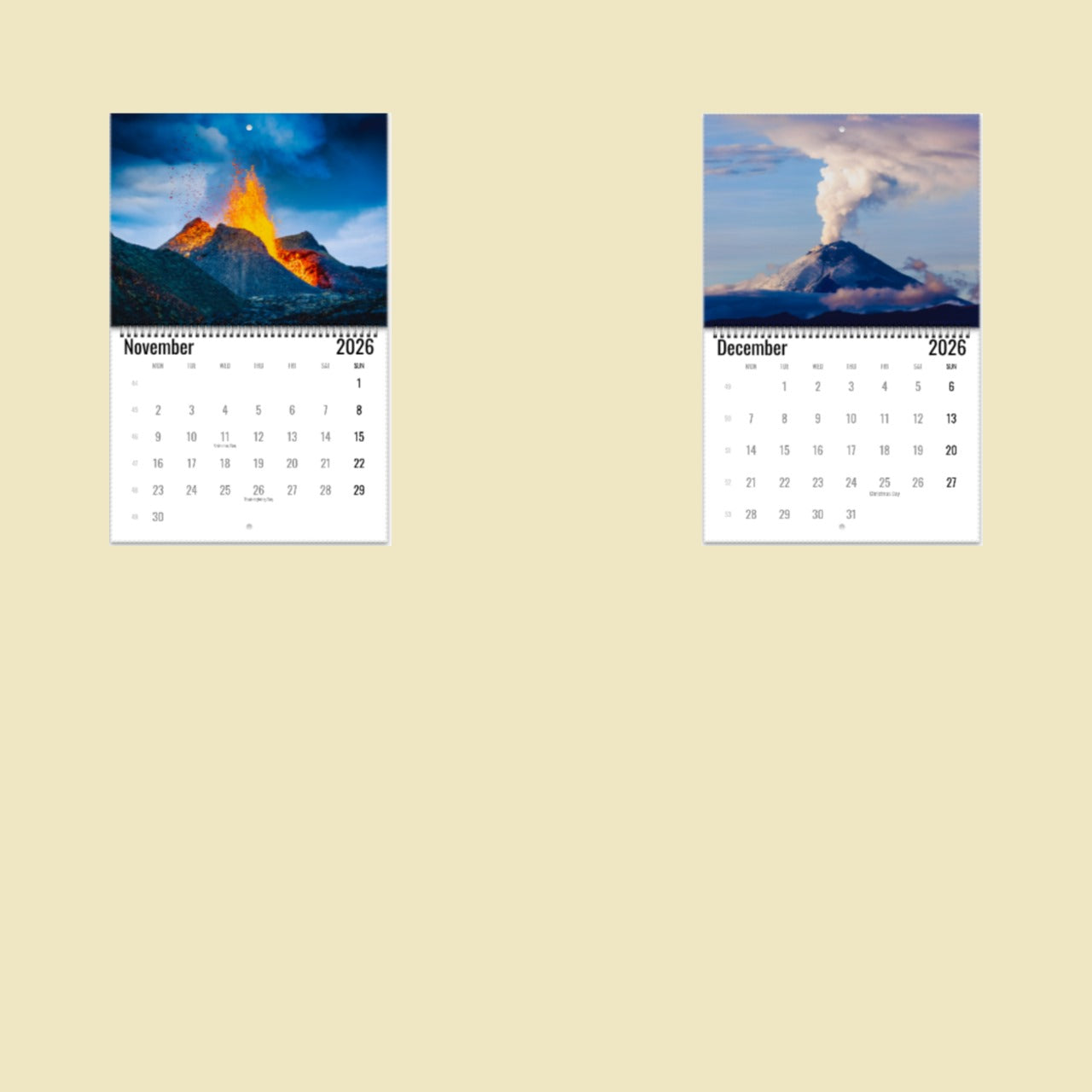 Two calendar pages for November and December 2026 showing mountain and volcano images on a beige background.