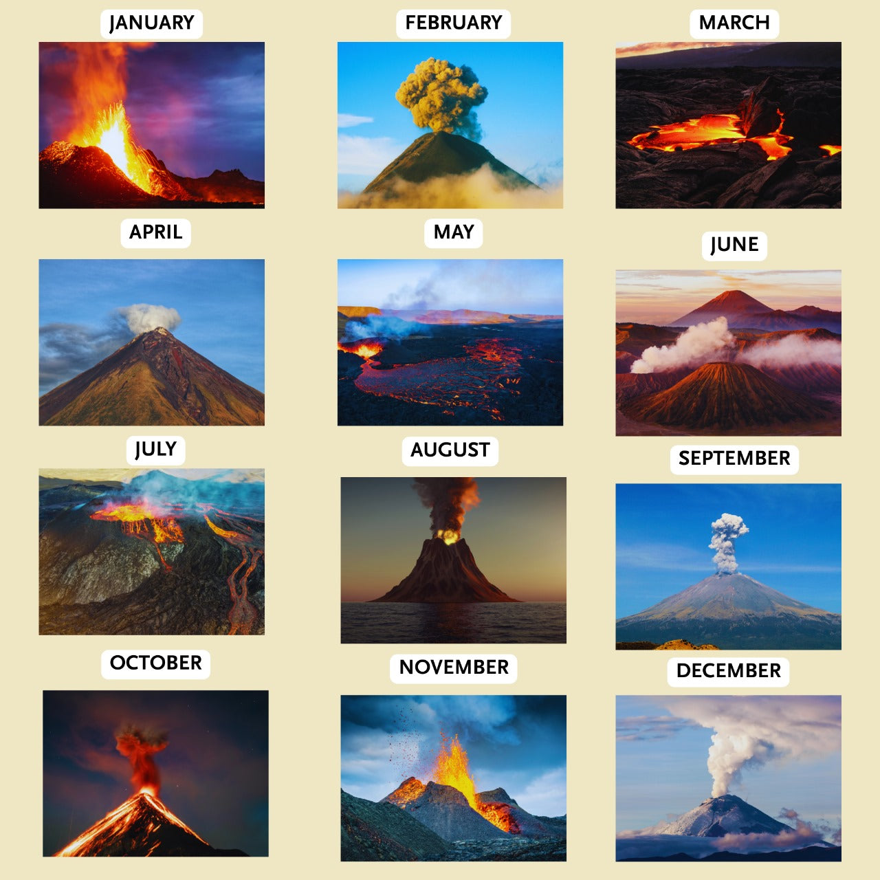 Monthly images of volcanoes with corresponding months labeled on a beige background