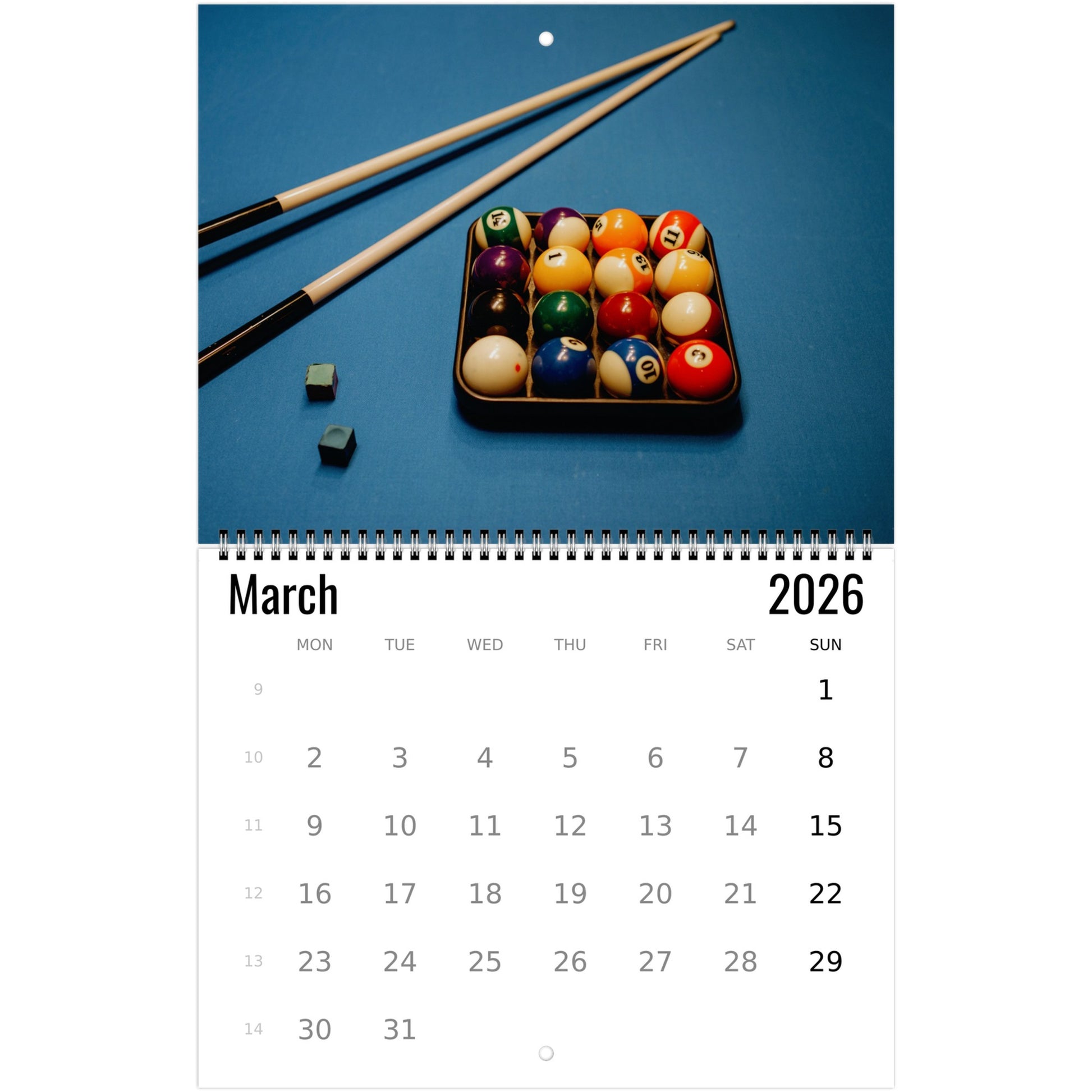 Billiards Wall Calendar 2026