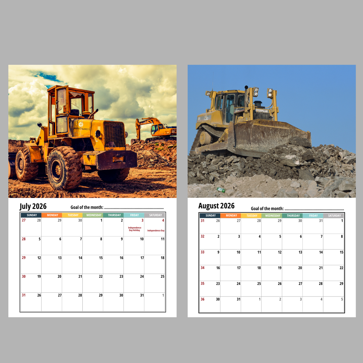 Bulldozer Wall Calendar 2026