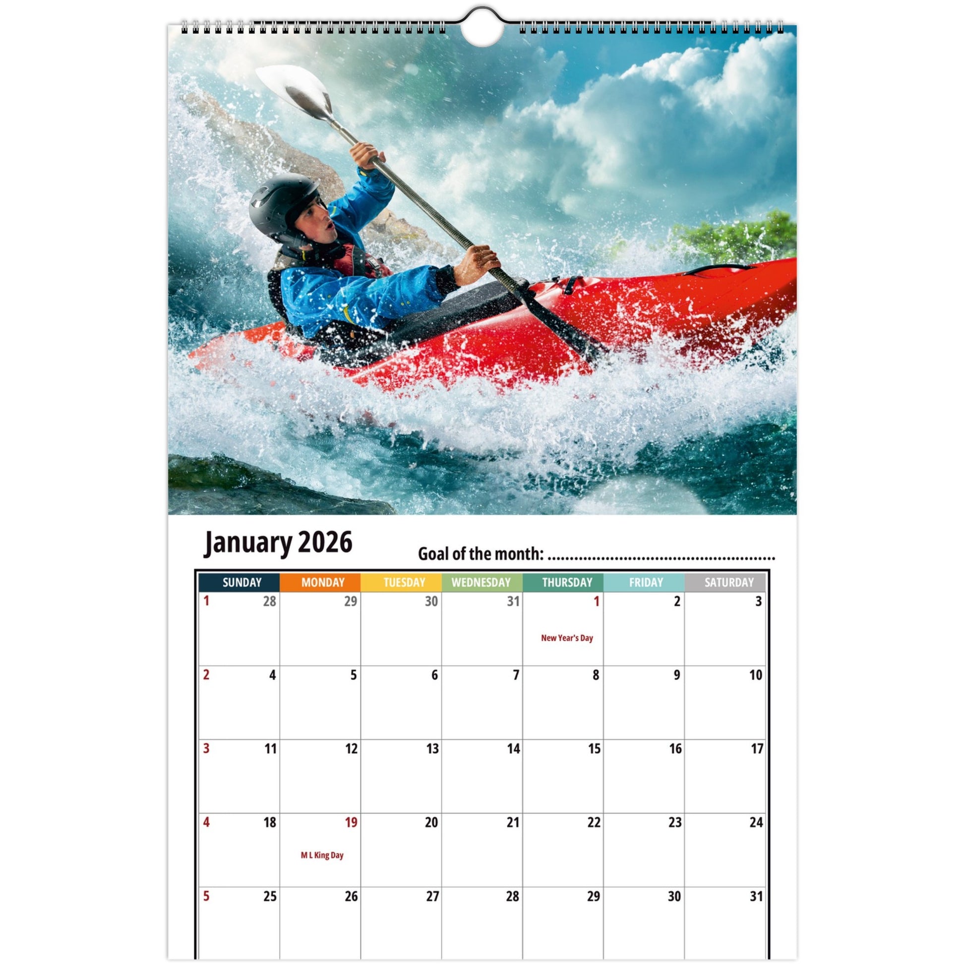 Calendar for January 2026 featuring a kayaker in action.