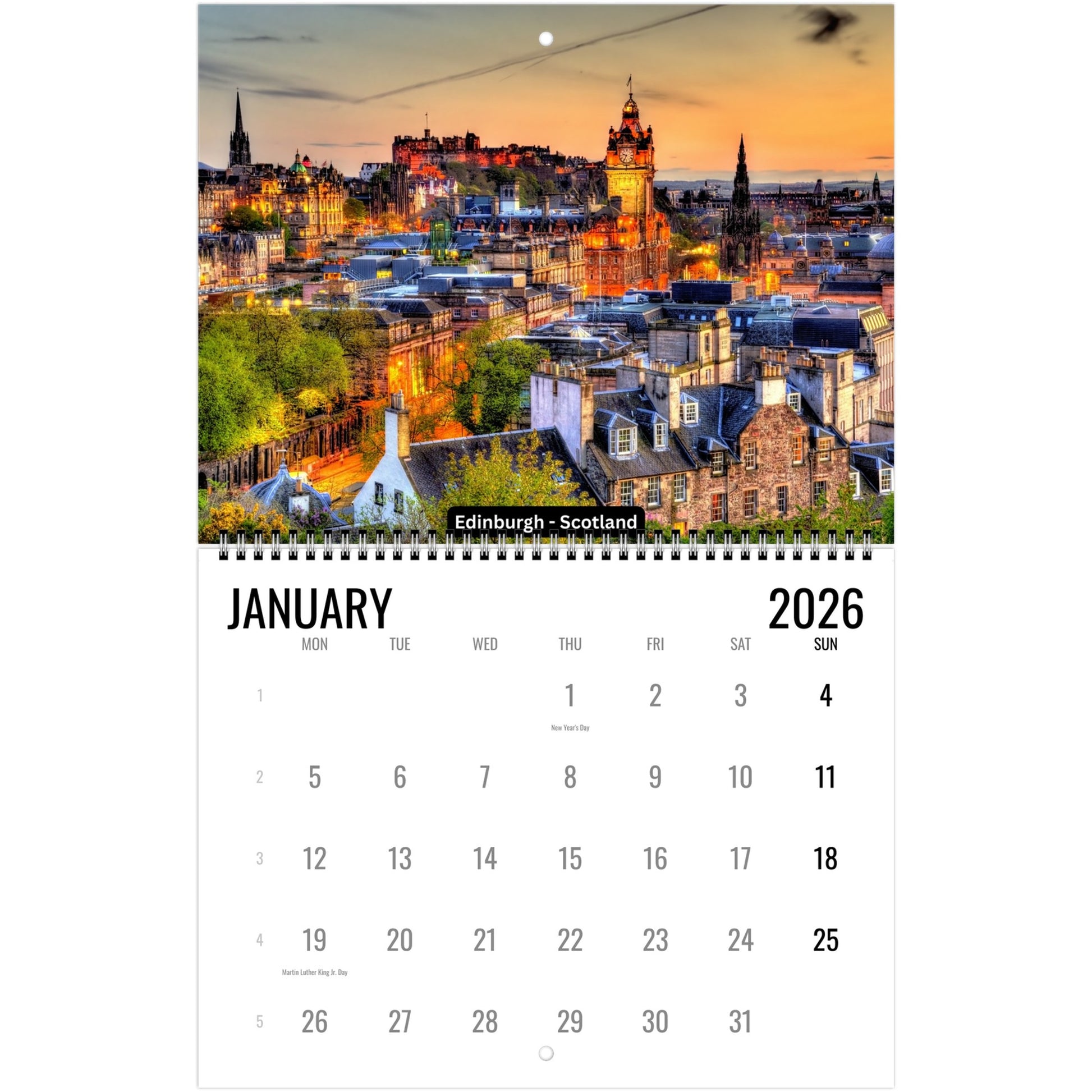 Calendar for January 2026 with Edinburgh, Scotland at sunset on the cover
