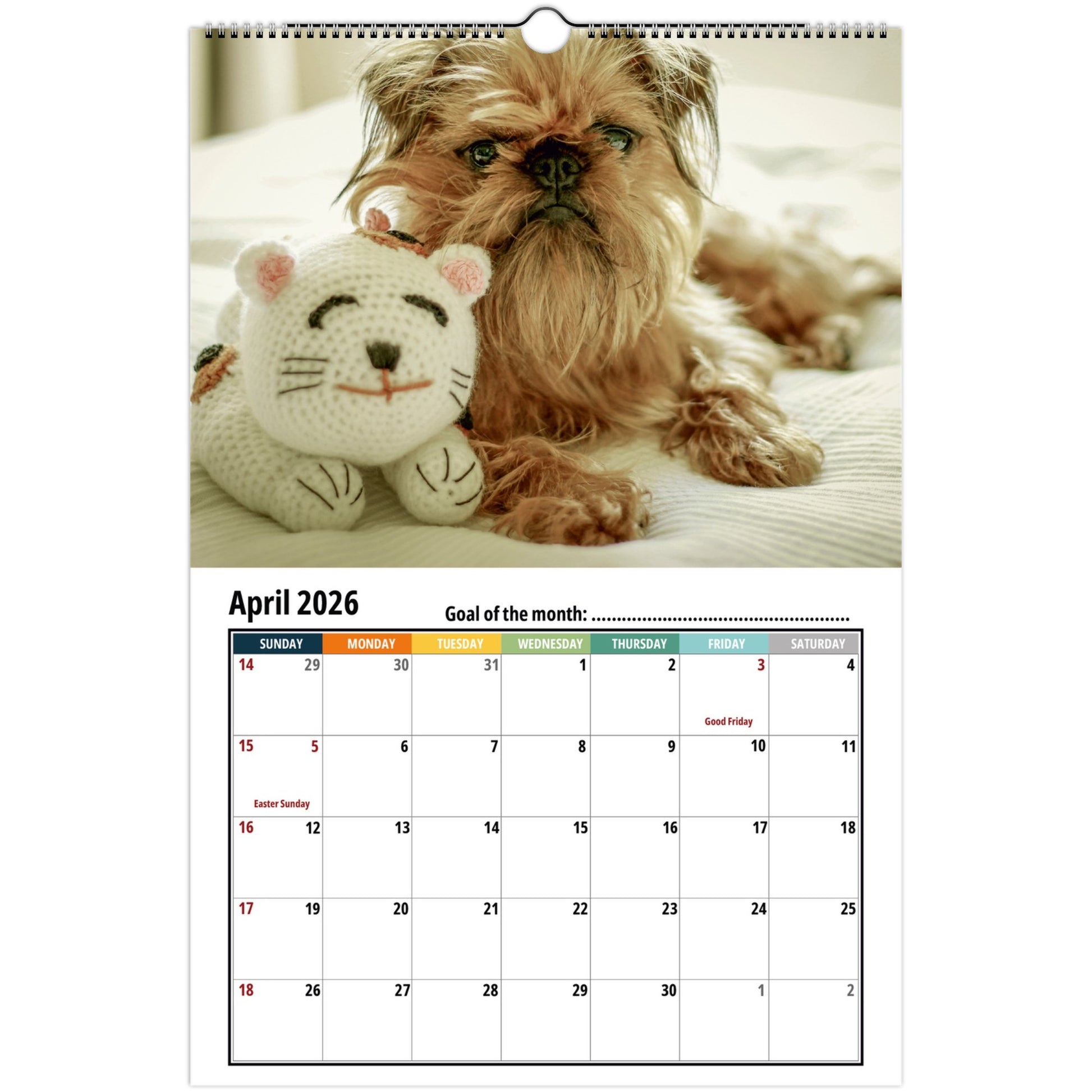 Calendar page for Brussels Griffon April 2026 featuring a dog and a cat plush toy.
