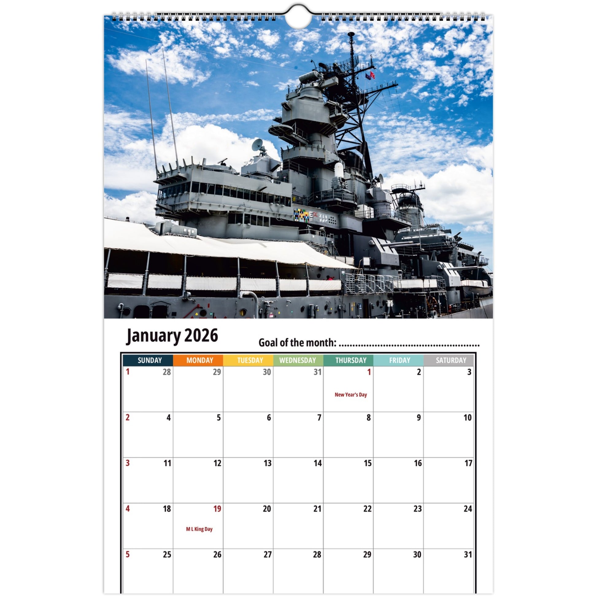 Calendar with a ship on the cover, showing January 2026.