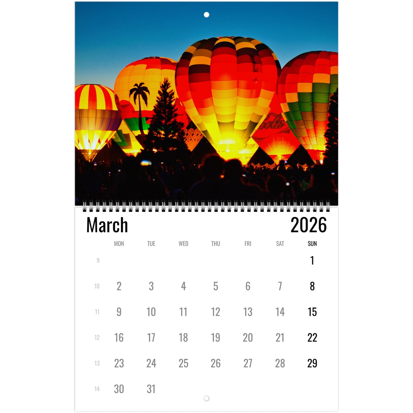 Hot Air Balloon Wall Calendar 2026