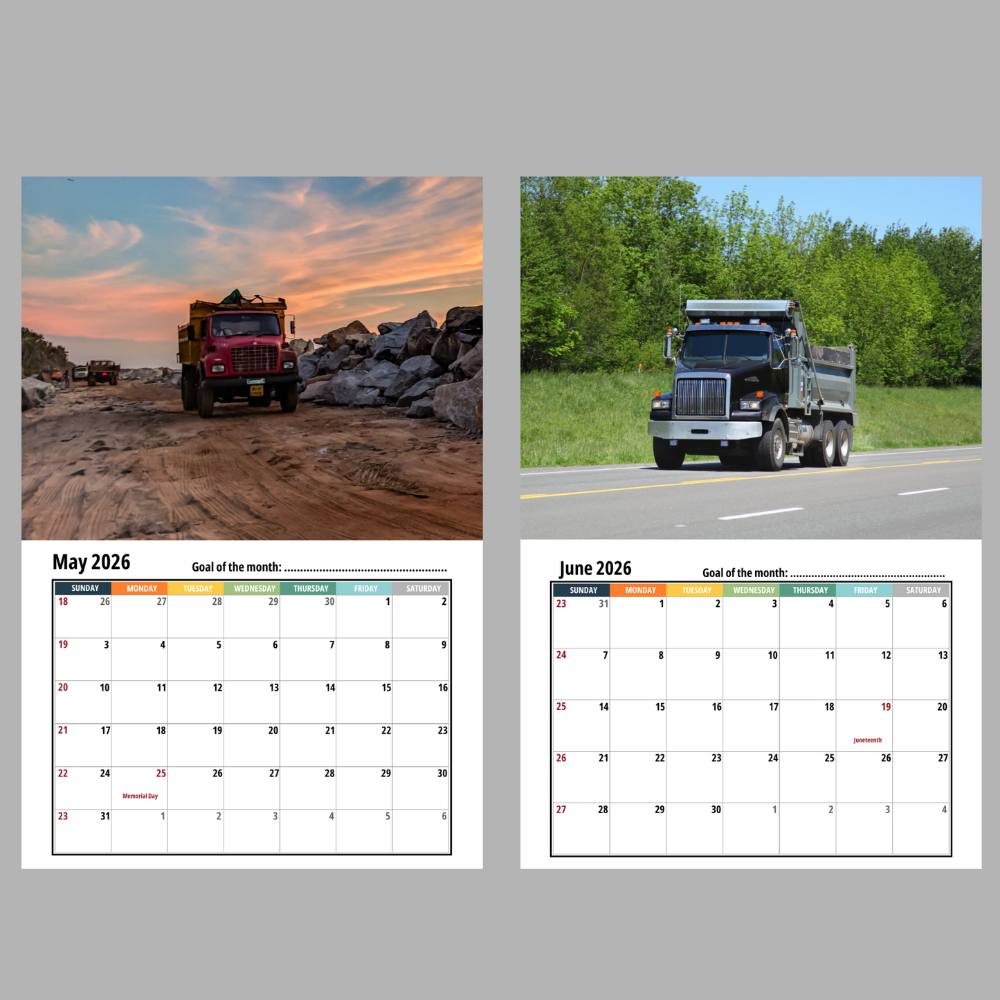 Dump Truck Wall Calendar 2026
