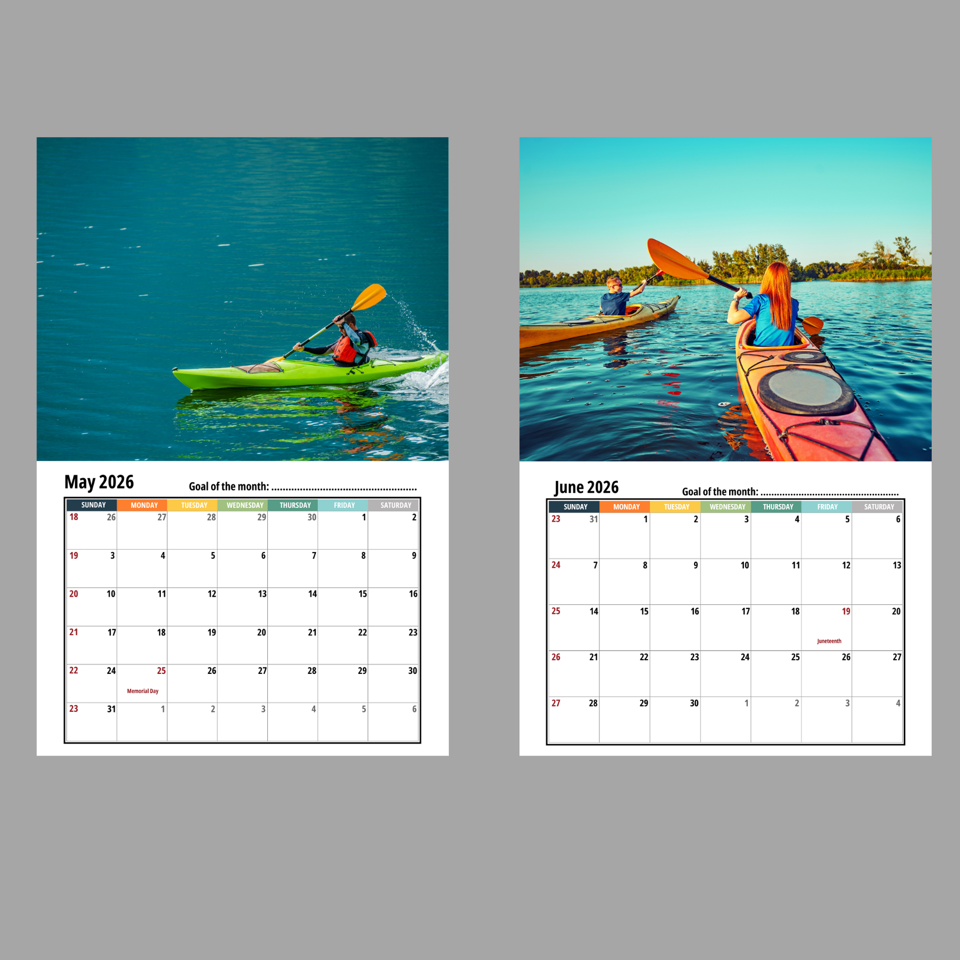 Calendar with kayak images for May and June 2026 on a gray background