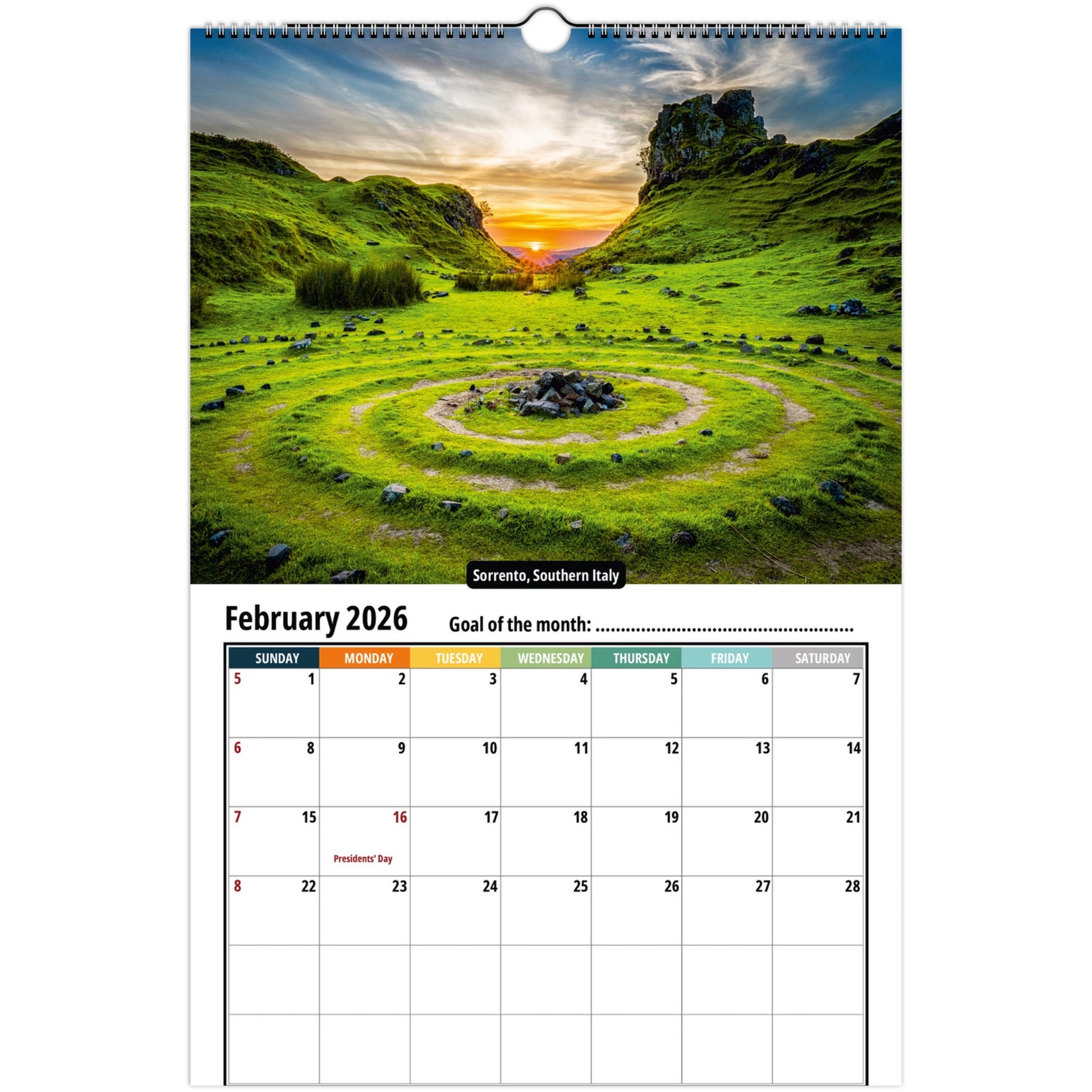 Calendar with a scenic landscape of green hills and a sunset, featuring February 2026.