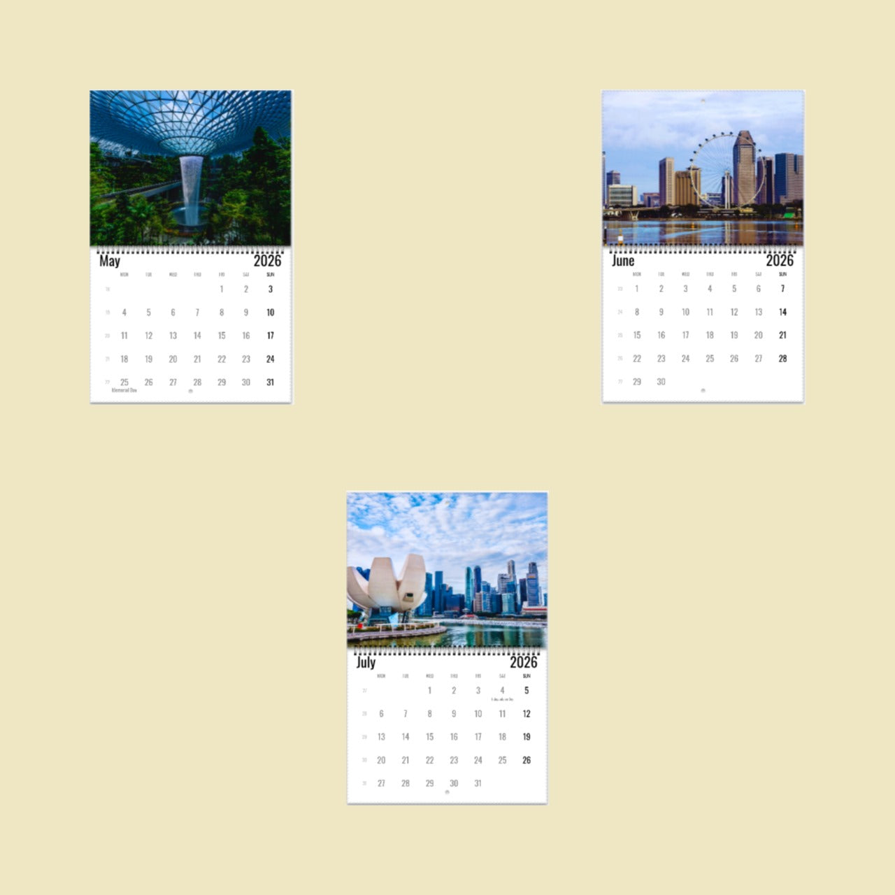 Three calendar pages showing different scenic views on a beige background